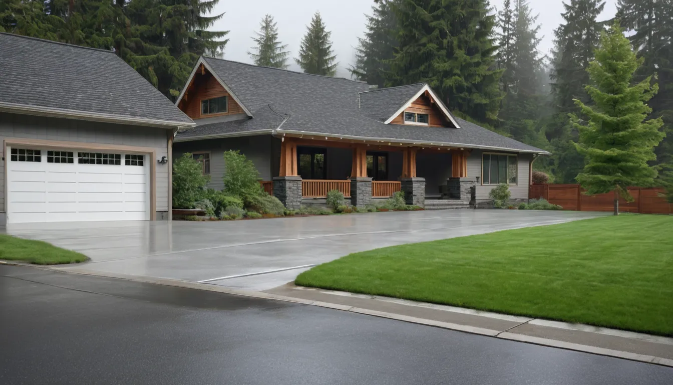 A freshly poured concrete driveway leading to a wood-frame home near Lake Oswego